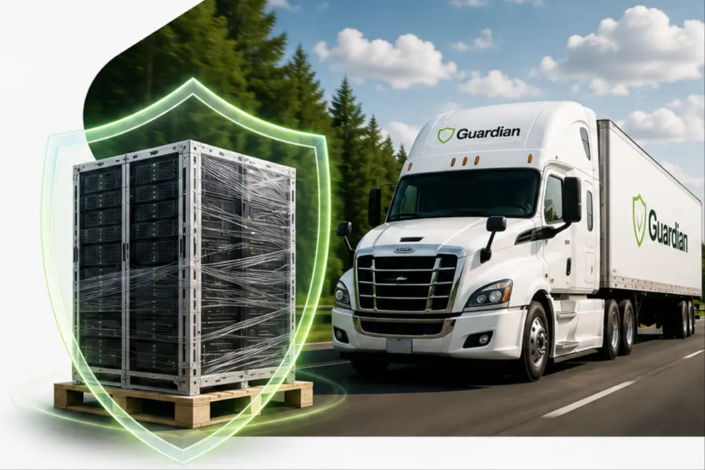 Guarded data center servers on a pallet with a glowing shield, beside a Guardian-branded semi-truck on a highway.